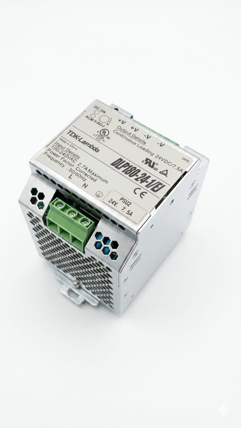 Fuente de alimentación conmutada profesional para montaje en Riel DIN. Salida (Output): 24V DC / 7.5A.